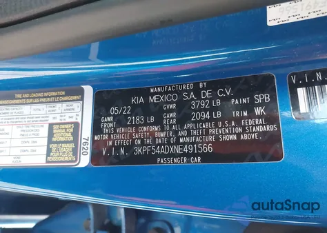 2022 Kia Forte Gt-Line из США, поврежденный, VIN 3KPF54ADXNE491566